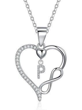 Letter P. Dainty 925 Sterling Silver Infinity Heart Initial Necklace